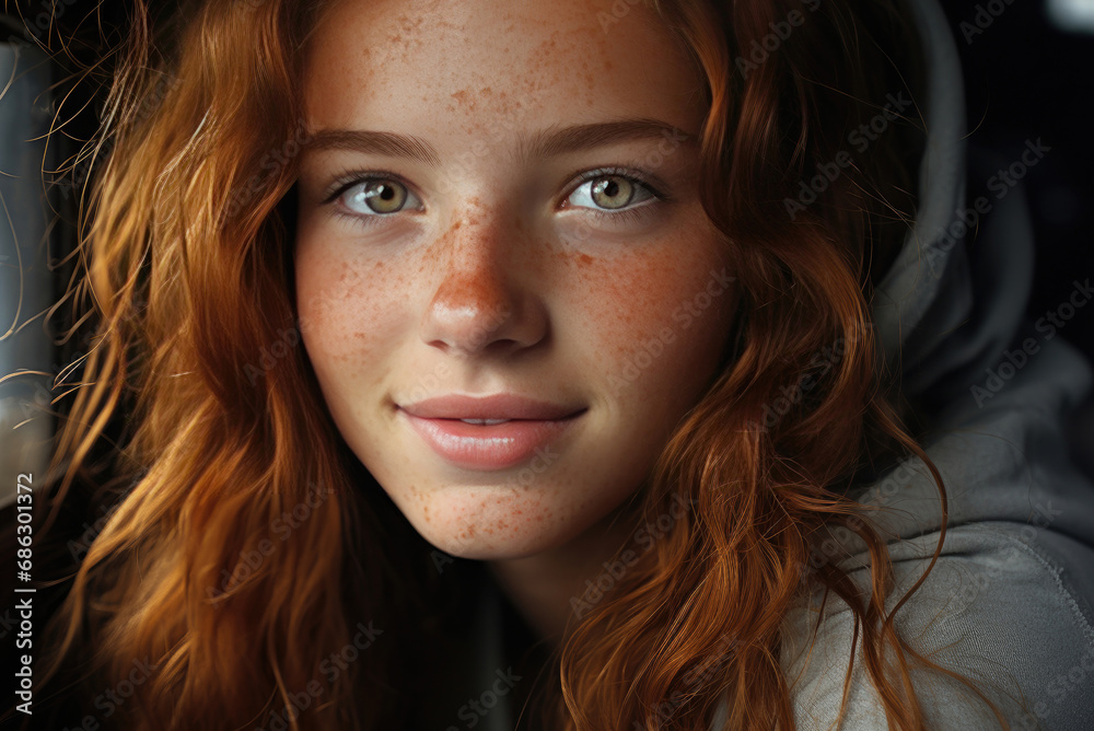 Red haired young woman with freckles smiles