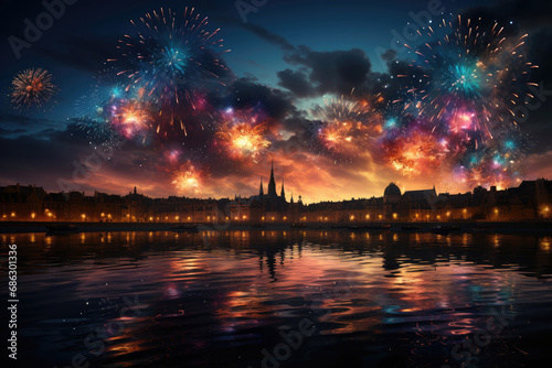 Landscape of the evening city against the background of the river and fireworks in the night sky © Sunshine