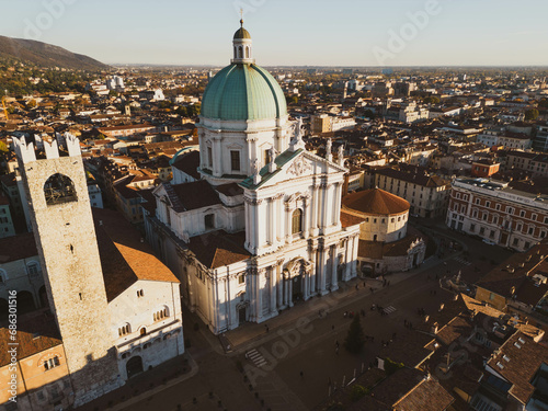 Italy November 30, 2023 - aerial view from the drone of the Duomo Di Brescia, the lioness of Italy, in Lombardy