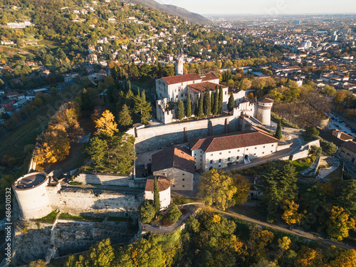 Italy November 30, 2023 - aerial view from the drone of the Brescia castle in Lombardy with the Maddalena hill photo