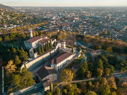 Italy November 30, 2023 - aerial view from the drone of the Brescia castle in Lombardy with the Maddalena hill