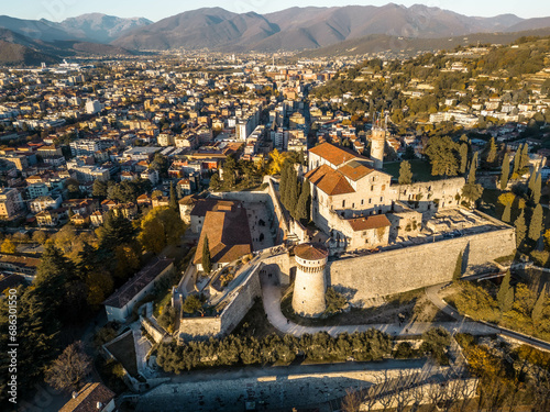 Italy November 30, 2023 - aerial view from the drone of the Brescia castle in Lombardy with the Maddalena hill