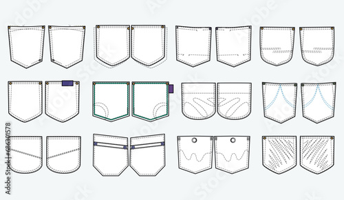 Jeans and denim Patch pocket flat sketch vector illustration set, different types of Clothing Pockets for jeans pocket, sleeve arm, cargo pants, dresses, bag, garments, Clothing and Accessories photo