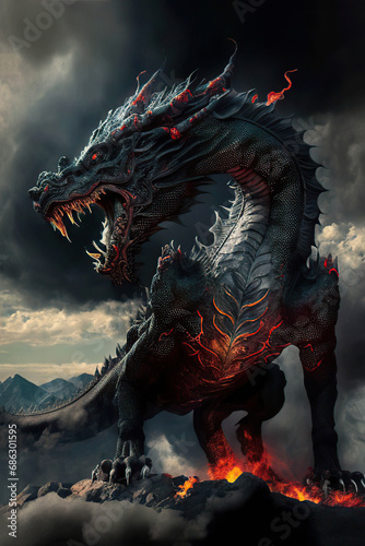 Mighty black infernal roaring dragon on the top of the volcano, dark sky background, volcanic dragon, dark fantasy, vertical, Year of the Dragon, Generative AI © Eva