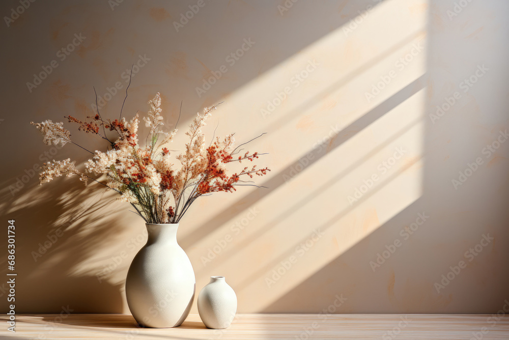 Ceramic vases on the shelf and vase with flowers at beige wall with sun shadows
