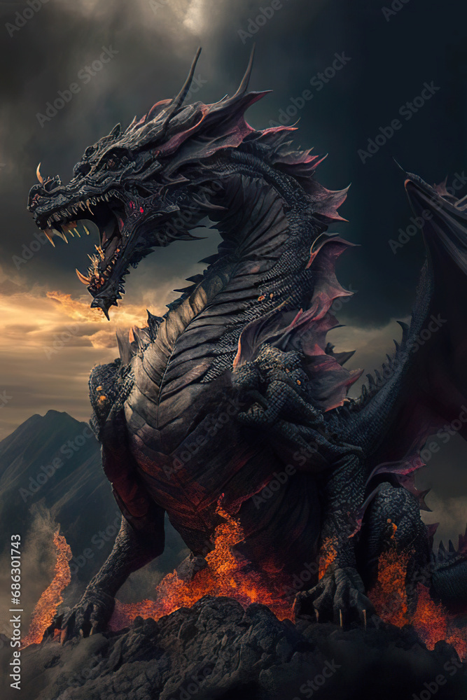 Black dragon on the top of the mountain in flames, black sky background, dark fantasy, vertical, Year of the Dragon, Generative AI Black dragon on the top of the mountain in flames, black sky background, dark fantasy, vertical, Year of the Dragon, Generative AI