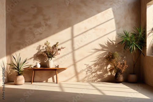 Minimalistic interior decor in the ethno style. Ceramic vases on a wooden table and potted plants stand on the floor, a shadow on the wall