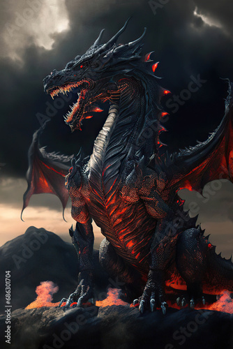 owerful black dragon on the top of the mountain, black clouds background, dark fantasy, vertical, Generative AI © Eva