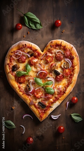 Heart-shaped pizza, a symbol of romantic Valentine's Day dinner and love. The cheesy delight embodies affection and culinary passion in a delightful romantic gesture.