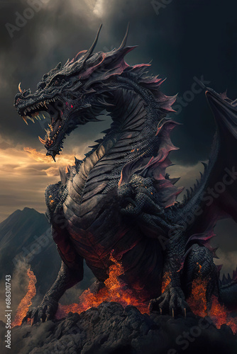 Black dragon on the top of the mountain in flames, black sky background, dark fantasy, vertical, Year of the Dragon, Generative AI © Eva