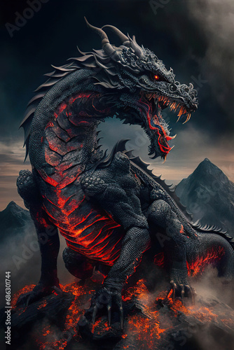 Black mighty infernal fire dragon on the top of the volcano, volcanic dragon, dark fantasy, vertical, Year of the Dragon, Generative AI © Eva