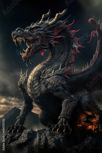 Powerful black dragon on the top of the mountain, black sky background, dark fantasy, vertical, Year of the Dragon, Generative AI