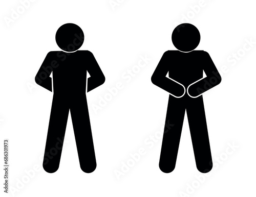 stick figure human silhouette, man icon, people isolated, hand on stomach pose