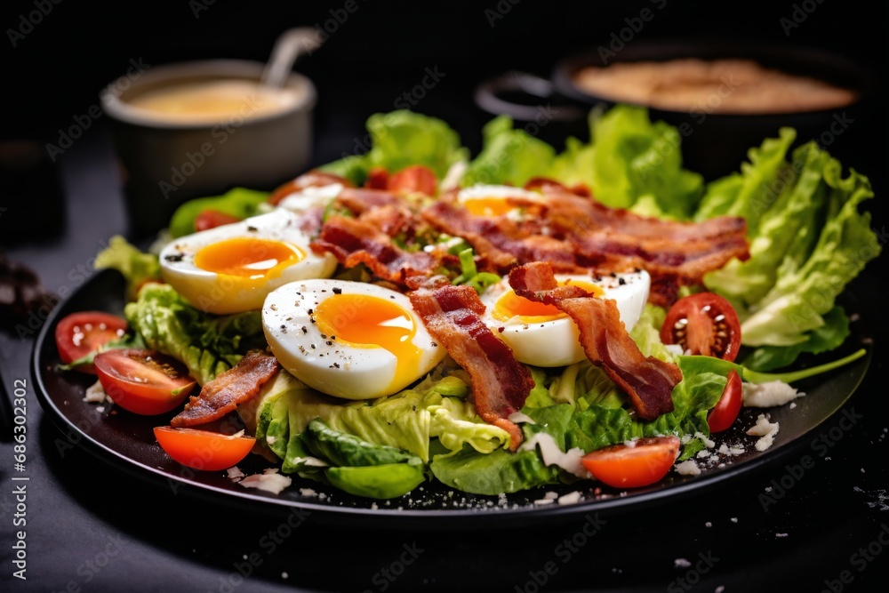 fried eggs with bacon and herbs and chopped vegetables, delicious breakfast, still life on a dark background fried eggs with bacon and herbs and chopped vegetables, delicious breakfast, still life on a dark background