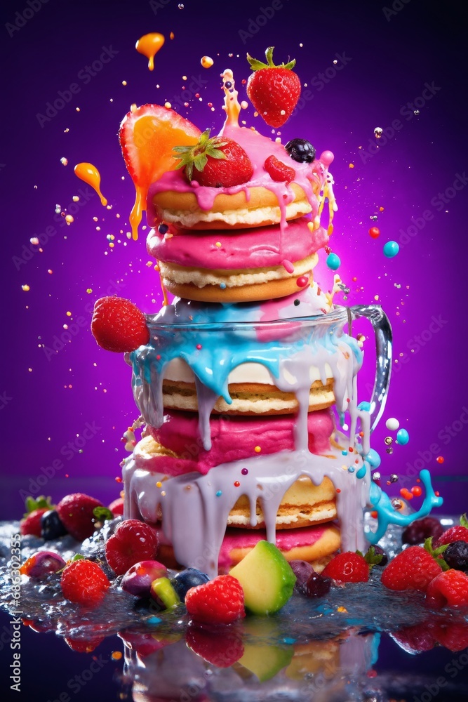 big cake with fruits and cream on a pink background, delicious and sweet food big cake with fruits and cream on a pink background, delicious and sweet food