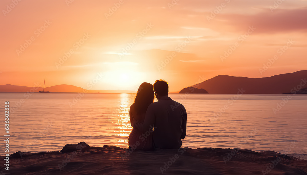 Happy couple standing on the sea at sunset, valentine's day concept