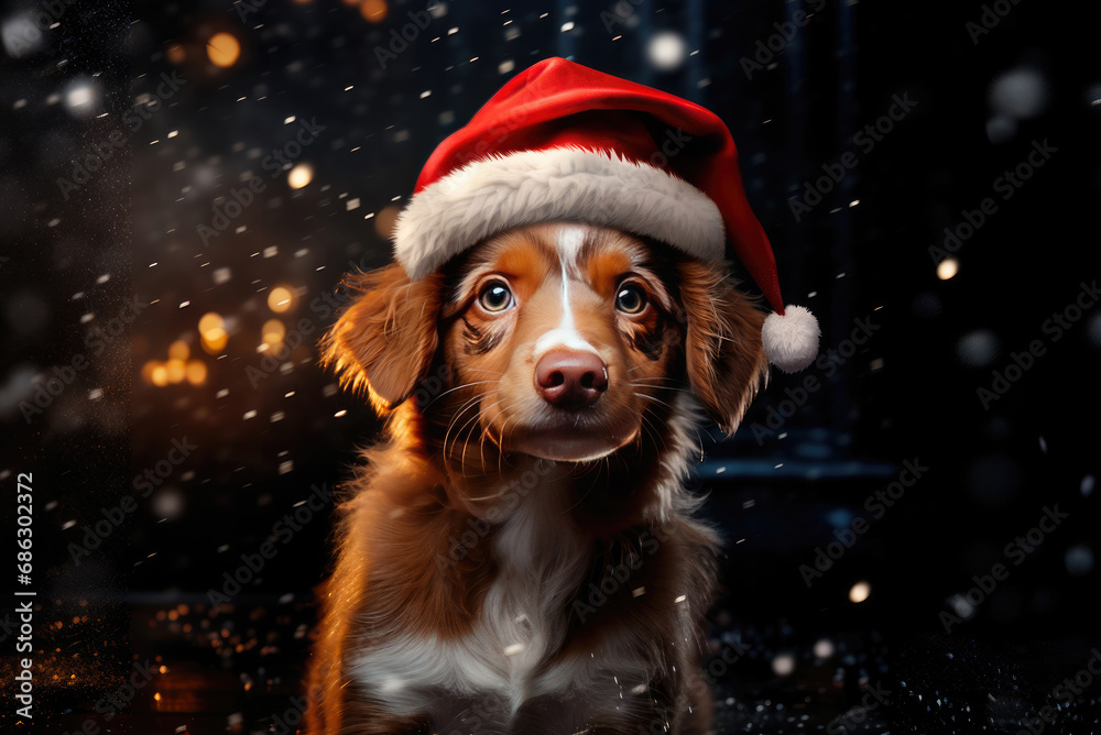 Cute dog in a santa claus hat against the background of holiday lights