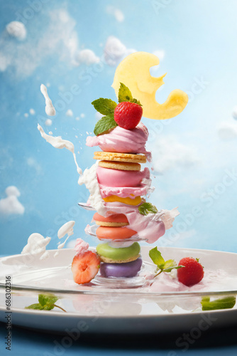 marshmallows and cookies with fruits and splashes of sauce or cream on a colored background, delicious and sweet food
