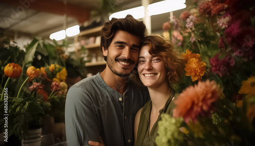 Happy couple in flower shop, valentine's day concept