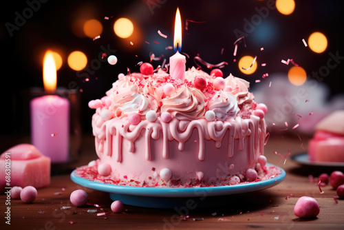 Pink birthday cake with a candle on the festive table