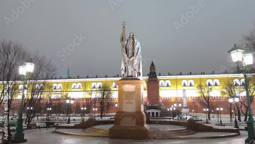 Tranquil Beauty of Moscow Nights: Monument to Ermogen in Alexander's Garden Comes to Life in a Winter Night Timelapse Hyperlapse photo