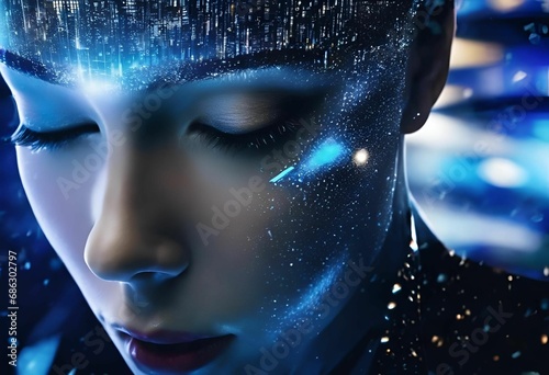 AI generated illustration of A female futuristic humaniod with her eyes closed photo