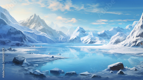 A frozen lake surrounded  iceberg in polar regions