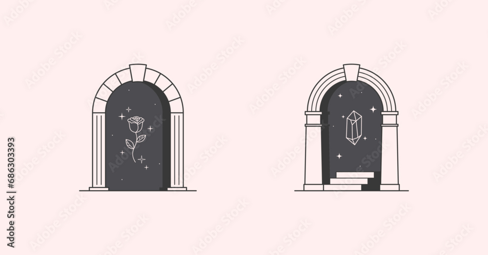 Vector mystic logo design templates with portals,steps,magic flower,stars and gem.Surreal abstract illustrations in trendy minimal outline style.Celestial emblems.Branding design templates. Vector mystic logo design templates with portals,steps,magic flower,stars and gem.Surreal abstract illustrations in trendy minimal outline style.Celestial emblems.Branding design templates.