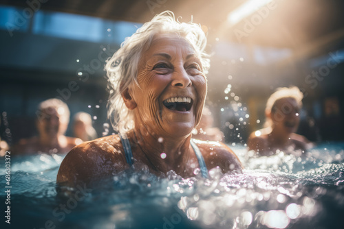 Portrait of a happy elderly woman having an active holiday, exercising in the swimming pool. © Dzmitry