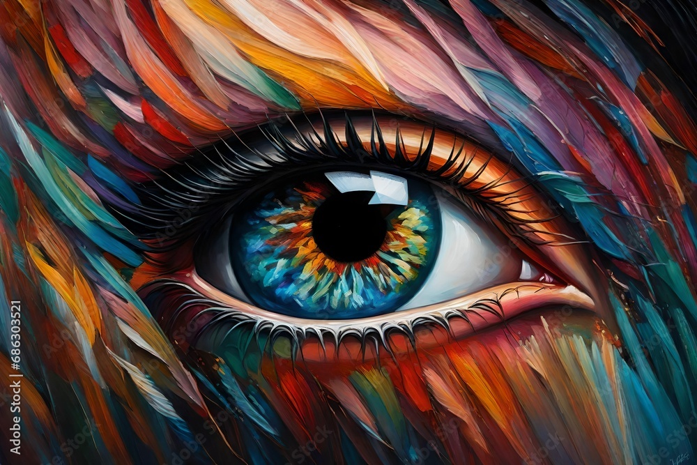 An oil portrait painting that zooms in on the expressive beauty of an eye, rendered in a mesmerizing array of multicolor hues