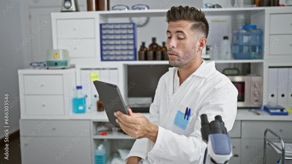 Young, attractive hispanic man, scientist, engaging in a crucial online video call conference at the lab, armed with a touchpad amidst science research. Young, attractive hispanic man, scientist, engaging in a crucial online video call conference at the lab, armed with a touchpad amidst science research.