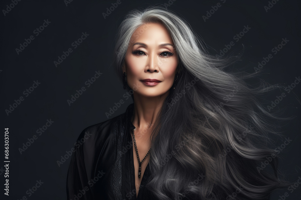 Beauty portrait of an attractive sensual mature Asian woman with long gray hair over black background