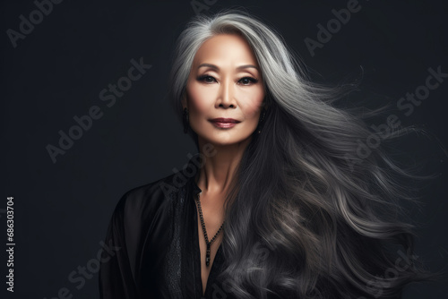 Beauty portrait of an attractive sensual mature Asian woman with long gray hair over black background photo