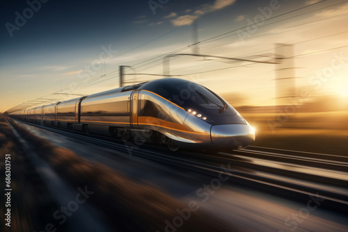 A high-speed passenger electric train passes along the railway in the evening.