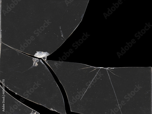 Texture of broken glass fragments with scratches and black background space for mockups for Y2K style work and creating crack effects for aged retro grunge style