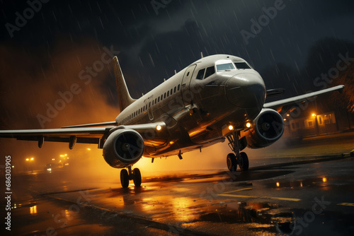 An emergency landing of a passenger plane on a highway in the evening in rainy weather.