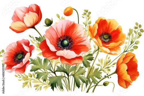 red poppies watercolor on white background  valentines day concept