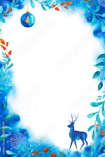 Christmas frame with blue little reindeer, watercolor holiday illustration.