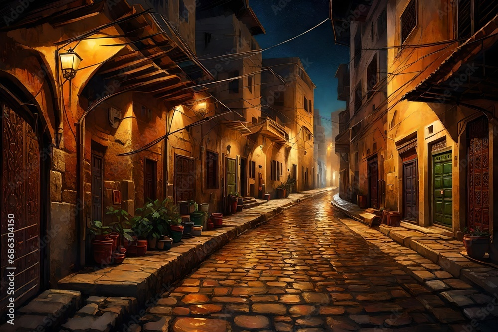 A captivating night view of the streets in an old Arab city, portrayed through computer graphics in an oil painting style. 