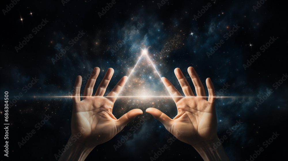 Mains ouvrant un portail sur une réalité alternative, triangle lumineux, spiritualité et éveil de conscience - obrazy, fototapety, plakaty 