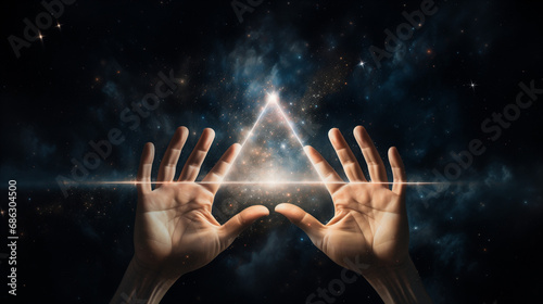 Mains ouvrant un portail sur une réalité alternative, triangle lumineux, spiritualité et éveil de conscience photo