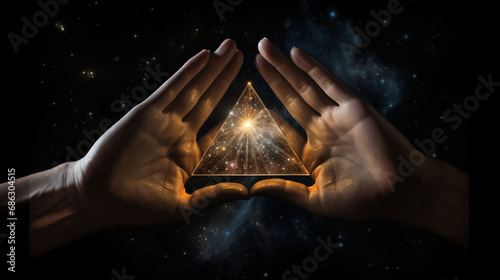 Mains jointes ouvrant un portail triangulaire sur une réalité alternative, spiritualité et éveil de conscience