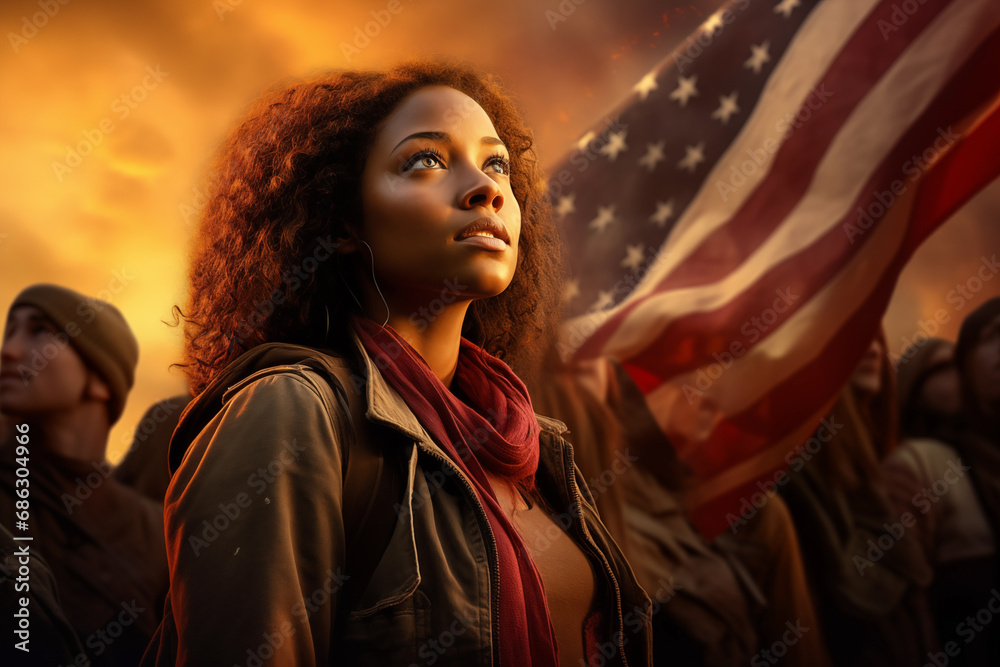 revolution usa rally flag america girl young changes in social and political life regime change honesty better life 2024 - obrazy, fototapety, plakaty 