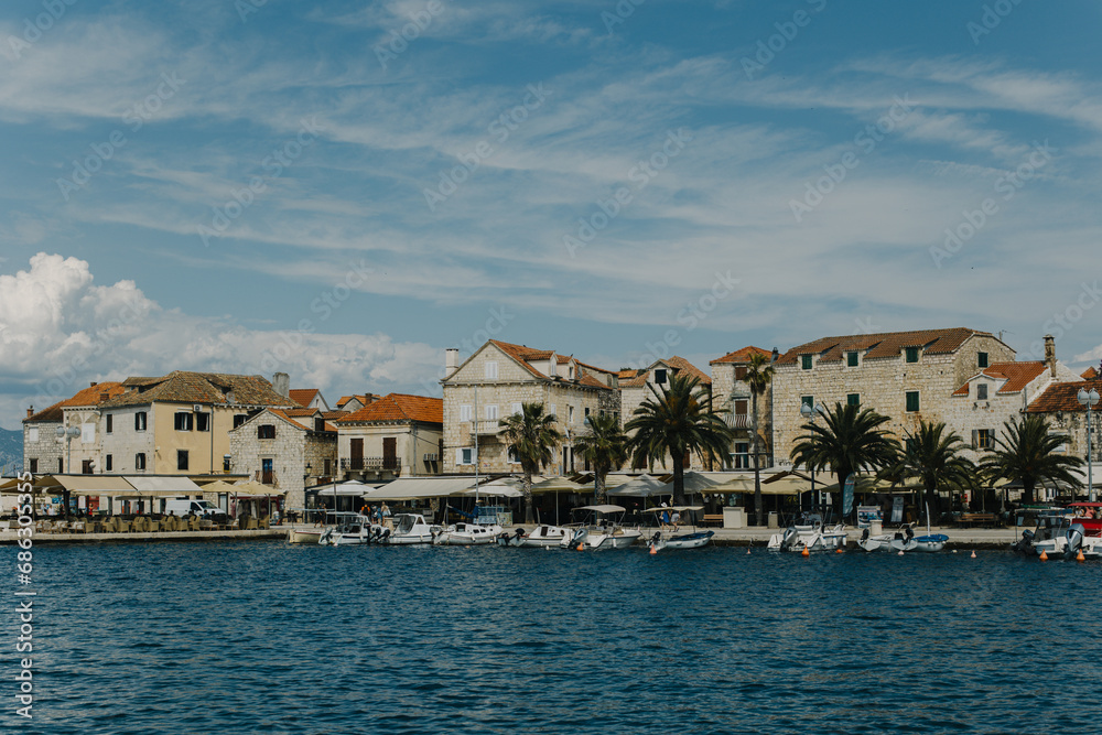 Amazing view of yacht marina and old town Supetar, Brac island, Croatia.
