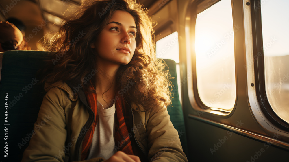 Portrait of a lonely young woman rides alone in a train compartment in solo trip