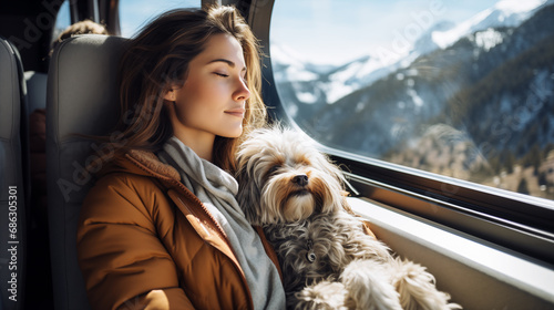 Portrait of a lonely young woman wearing a warm suit with her dog who rides alone in a train compartment in solo trip