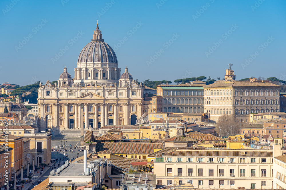 dome of basilica of st. peter in vatican seen across the castel of sant angelo in rome, italy