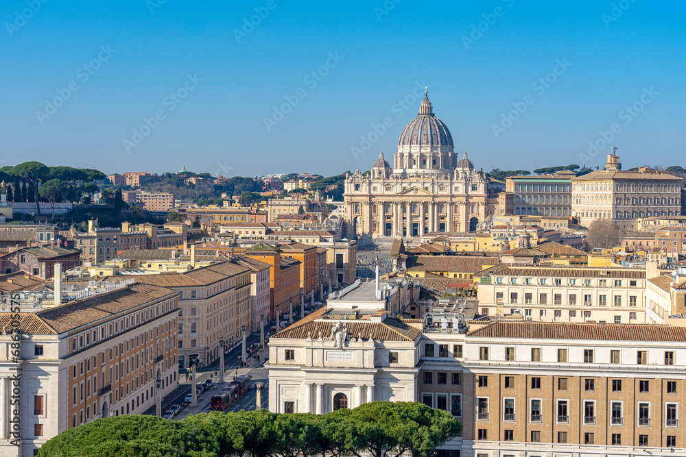 dome of basilica of st. peter in vatican seen across the castel of sant angelo in rome, italy