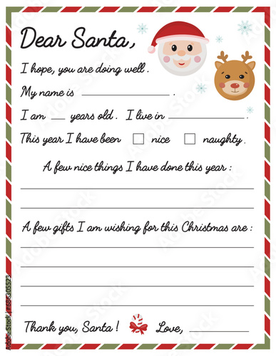 Printable Letter to Santa. Dear Santa Letter. Kids Christmas wish list. Santa wish list.