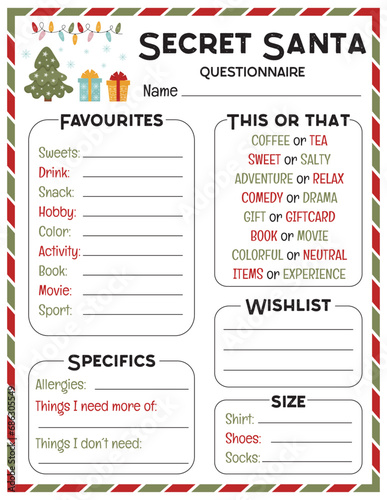 Secret Santa Questionnaire. Gift Exchange. Office Secret Santa. Workplace Gift Questionnaire. Christmas Wish list template.